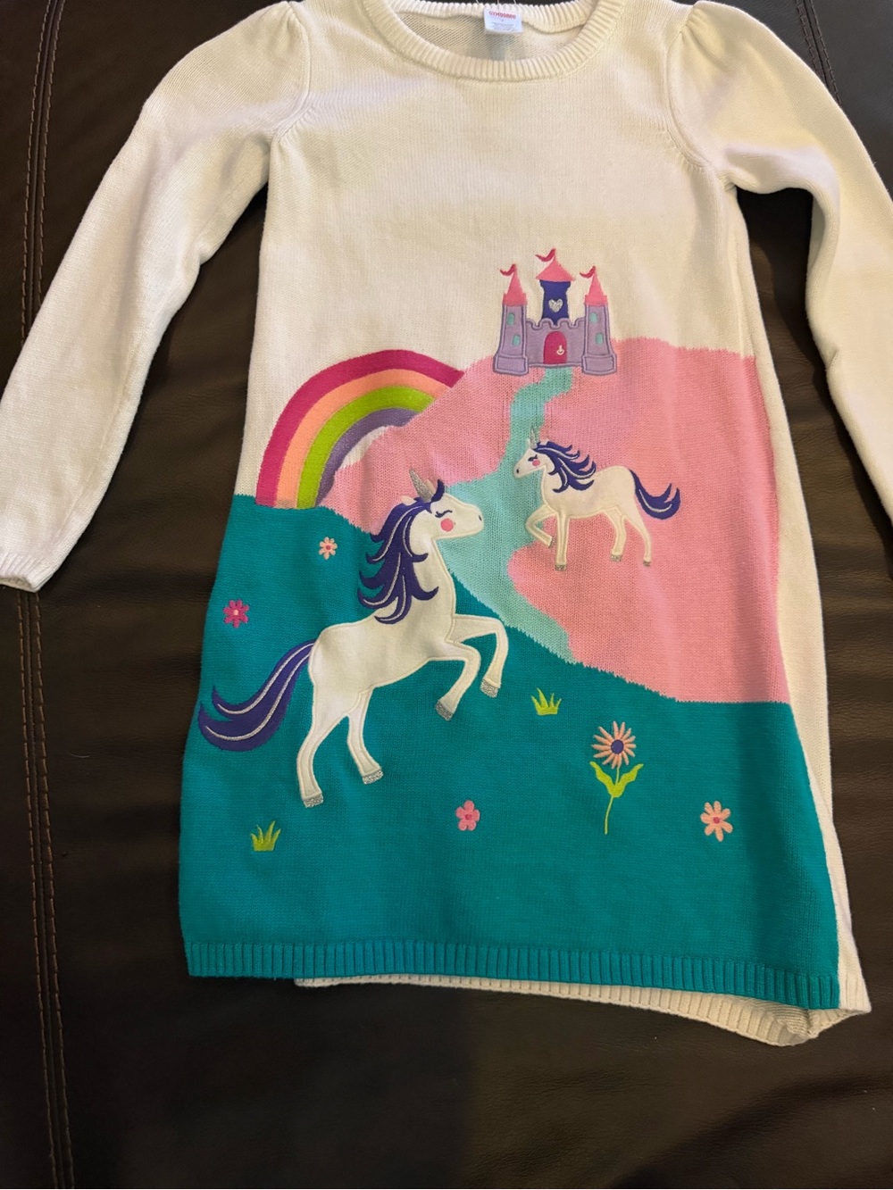 Gymboree White, Teal & Pink Unicorn Castle Knit Dress